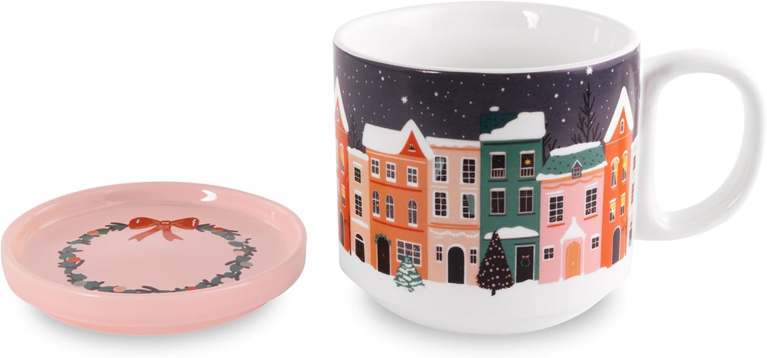 Ceramic Mug with Coaster Lid, Holiday Village