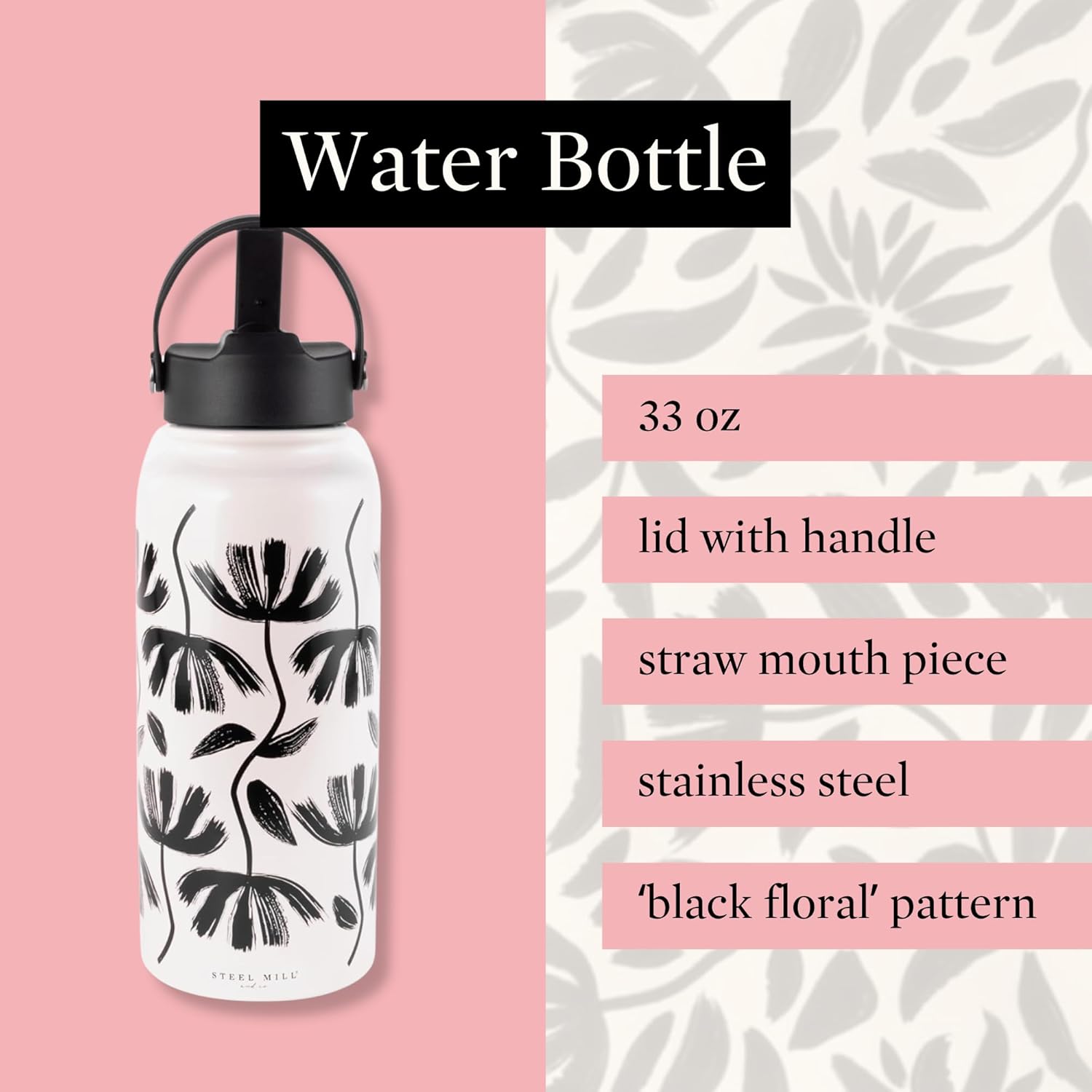 Water Bottle, 33 oz, Hand Drawn Floral