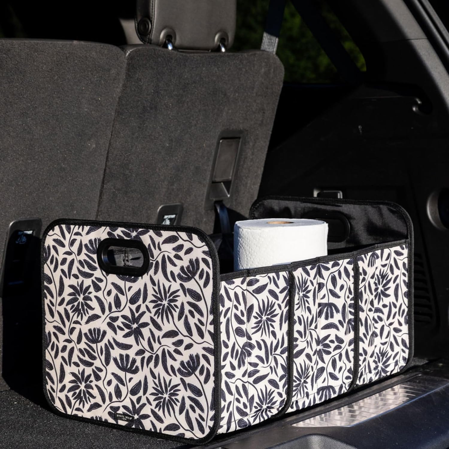 Car Storage Bin, Hand Drawn Black Floral