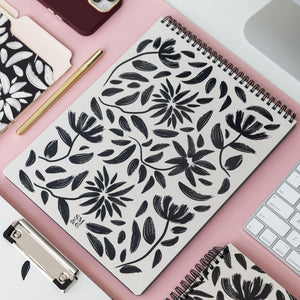 Large Top Spiral Notebook, Hand Drawn Floral