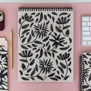 Large Top Spiral Notebook, Hand Drawn Floral