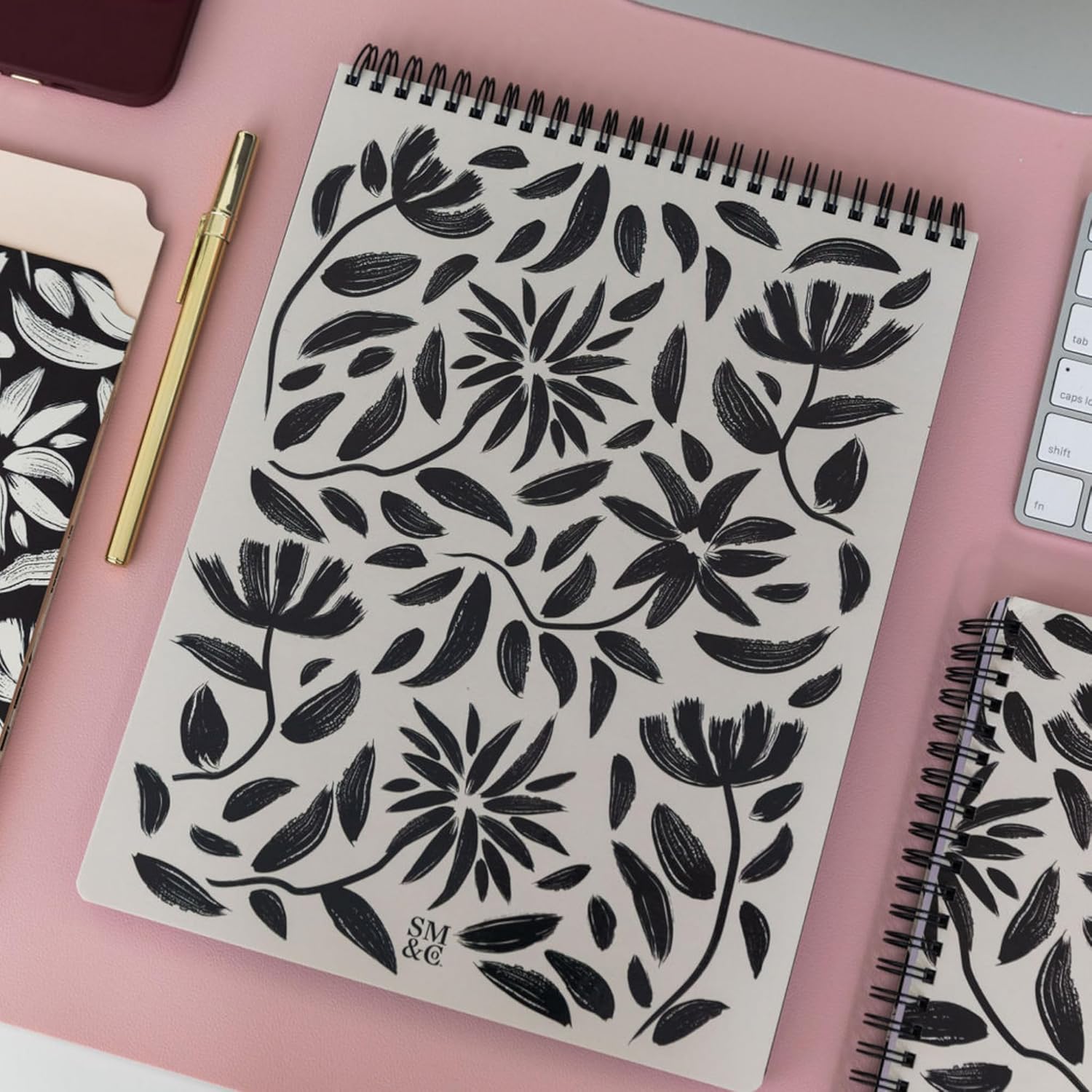 Large Top Spiral Notebook, Hand Drawn Floral