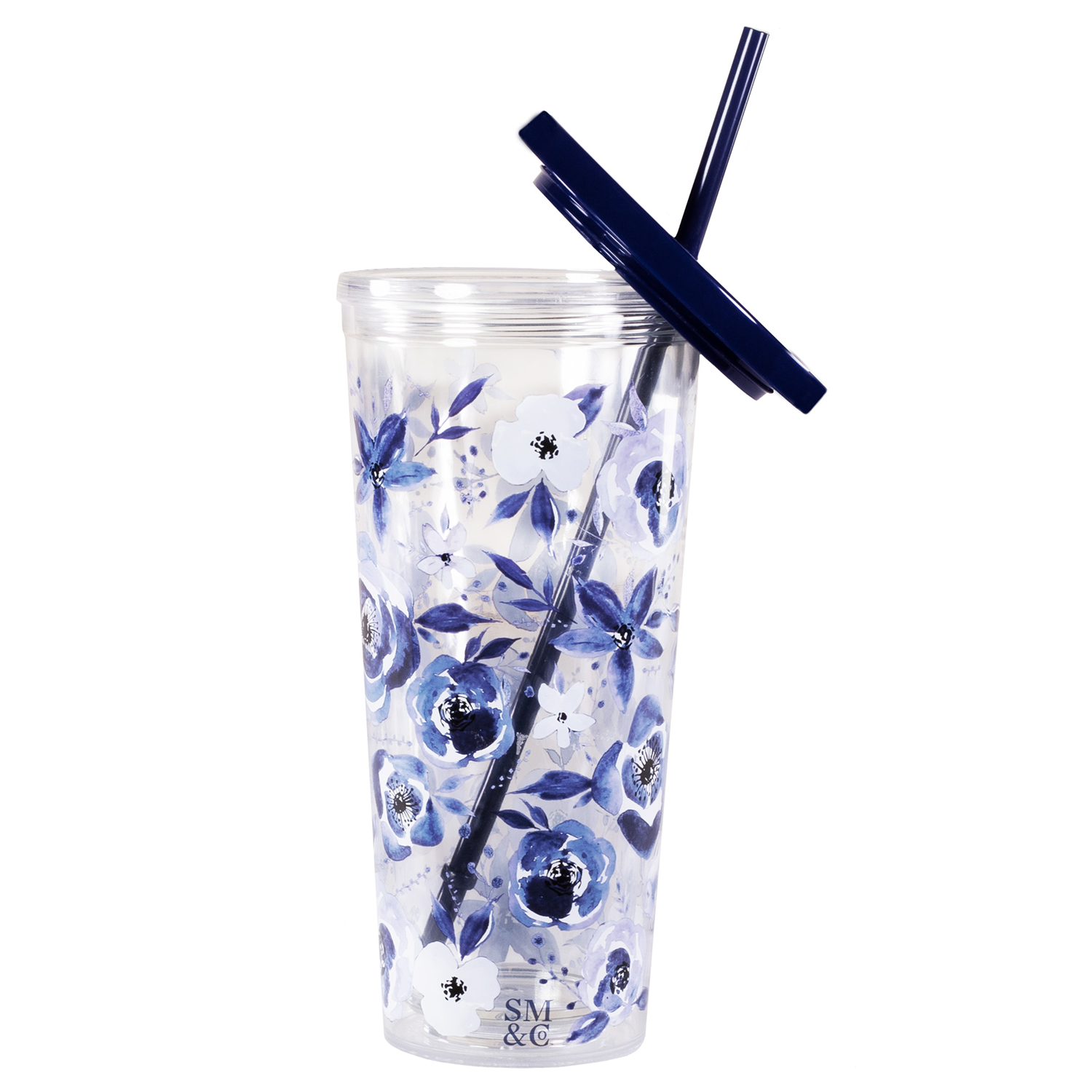 Tumbler with Straw, Blue Watercolor