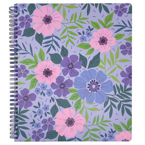 large spiral notebook with lilac purple floral hardcover, metal spiral and 160 lined pages for school or office supplies