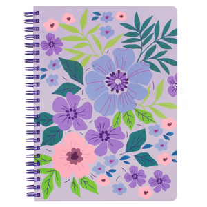 mini spiral notebook with lilac purple floral hardcover, metal spiral and 160 lined pages for school or office supplies