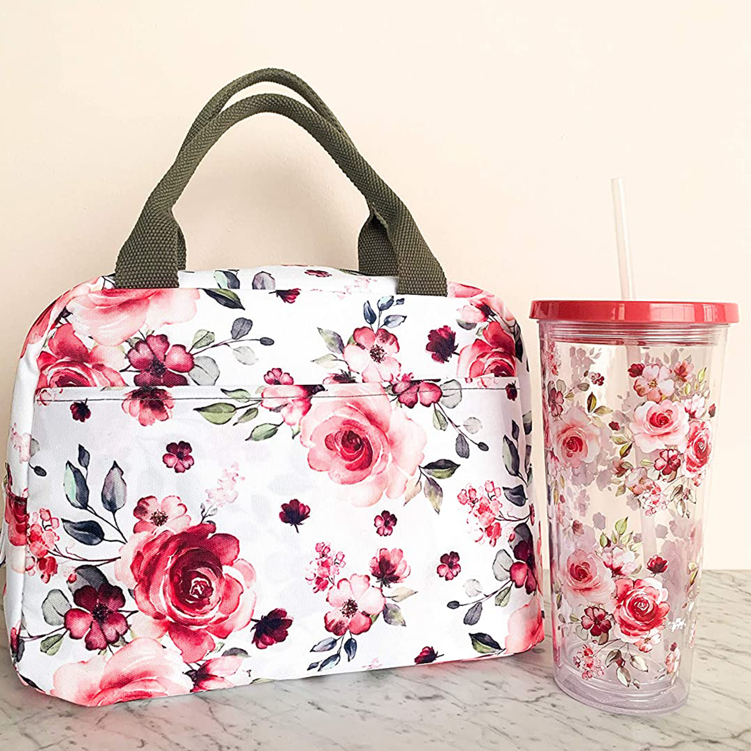 Tumbler with Straw, Rose Floral