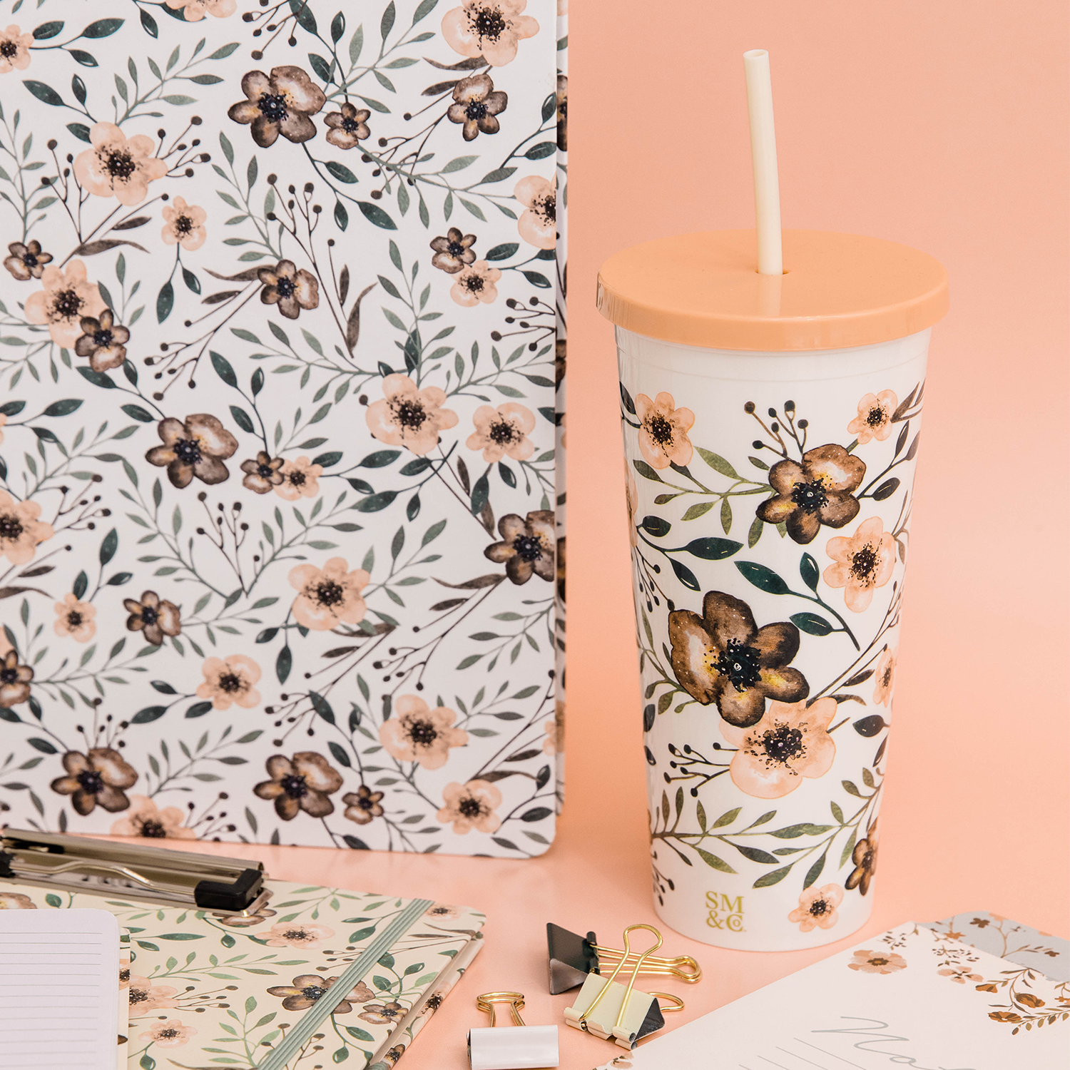 Tumbler with Straw, Woodland Floral